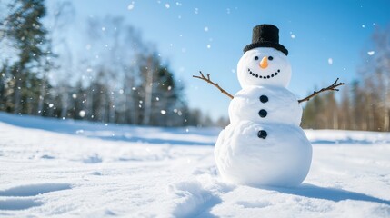 Obraz premium Panoramic view of a cheerful snowman standing in the snow on a clear winter day