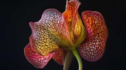 Exotic carnivorous plant, close-up, dark background, botanical study