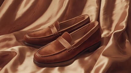 A high-fashion editorial shot of loafers placed on a draped silk fabric with soft lighting