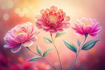 Obraz premium Delicate watercolor blooms in pink, peach, and red, detailed line art, high depth of field, botanical print.