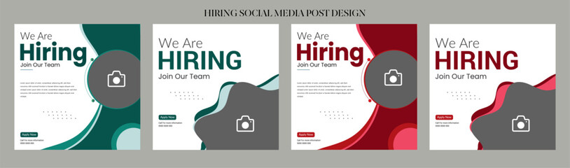 Clean and simple employee hiring social media post banner template. We want a minimalistic flyer template with large text. We're hiring. We're pursuing creative concepts. Hiring for creative work. 