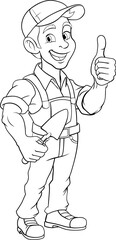 A bricklayer handyman cartoon construction mascot character man holding a trowel tool