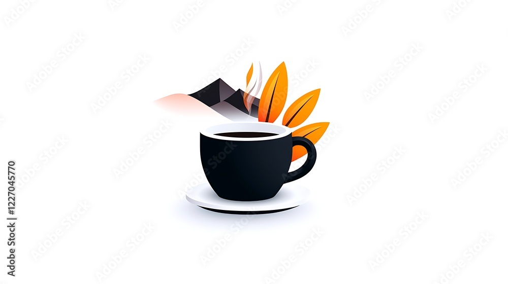 Sticker Serene Autumn Landscape Coffee Cup Illustration