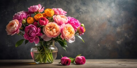 Fototapeta premium Vibrant peonies and roses arranged in a delicate vase on a dark grey background