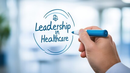 Leadership development in healthcare management concepts. Hand writing "Leadership in Healthcare" on a transparent board.