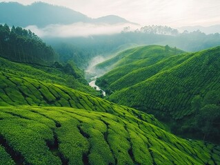 Fototapeta premium Misty morning sunrise over rolling green tea plantation hills.