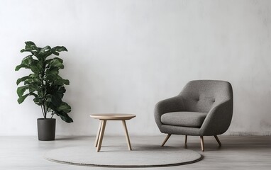 Modern minimalist living room with a gray armchair, wooden coffee table, and a decorative green plant in a light space