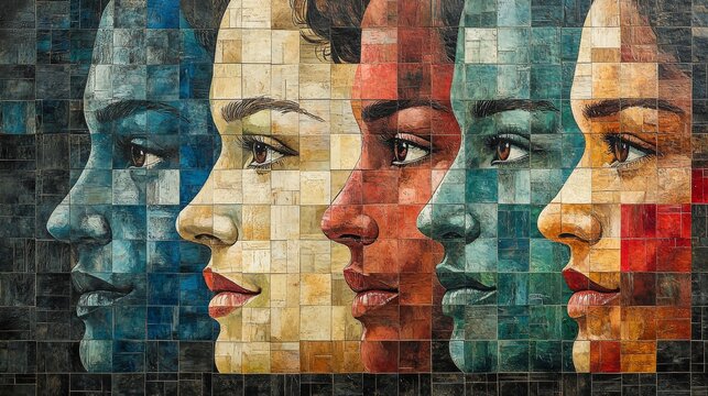 A mosaic of diverse faces side-by-side representing unity and individuality with variations in color tone and emotion