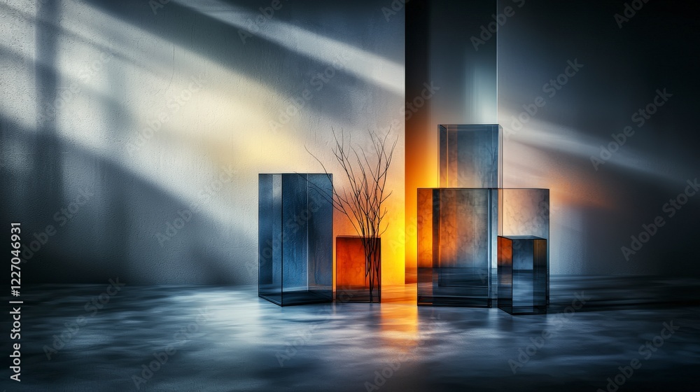 Poster translucent geometric forms arrangement modern studio abstract art dim lighting artistic perspective
