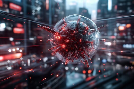 Virus cell floats through a neon cityscape, illustrating the clash between nature and technology. Generative AI