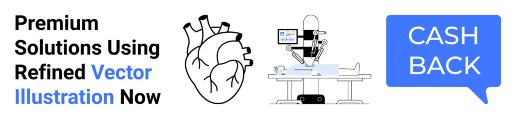 Obraz premium Anatomical heart sketch, medical imaging scanner on patient, and Cash Back text bubble. Ideal for healthcare services, diagnostics, anatomy concepts, financial incentives, medical reports, tech