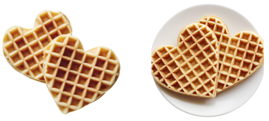 Two golden brown heart-shaped waffles with a classic grid pattern, placed side by side, isolated on transparent background PNG