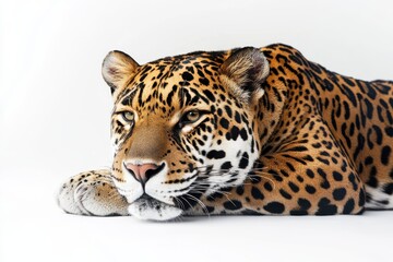 Obraz premium Majestic jaguar resting on white background