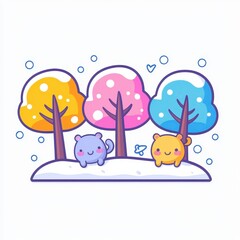 Obraz premium Two cute cartoon animals play in a snow-covered landscape with colorful trees and gentle snowflakes falling around them.