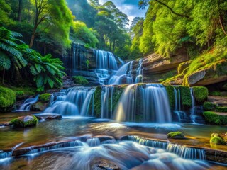 Obraz premium Ethereal Leura Cascades: cascading water, lush rainforest, majestic Blue Mountains.