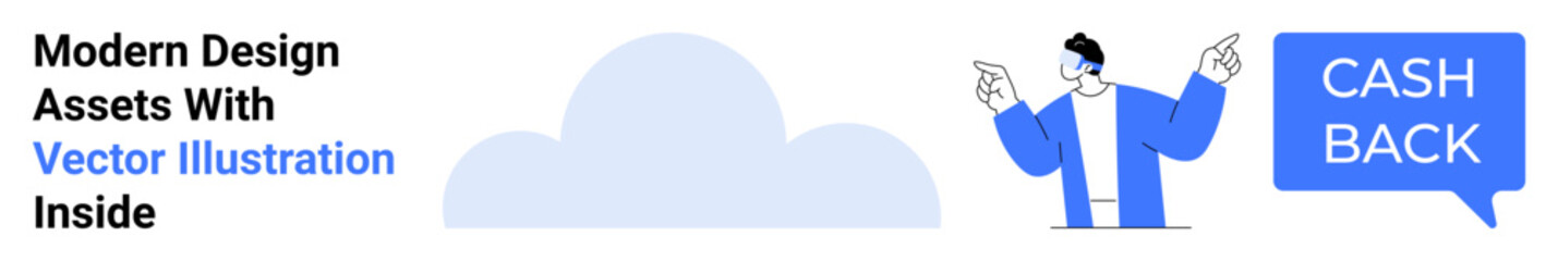 Obraz premium Person performing a gesture emphasizing a cashback offer inside a speech bubble with a cloud element. Ideal for promotions, e-commerce, marketing, services, offers, digital ads, flat landing page