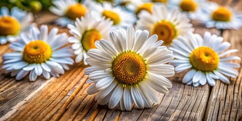Obraz premium Exquisite macro daisy photos; close-up detail on a rustic wooden backdrop.