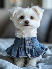 Adorable Maltese Dog Wearing Denim Outfit