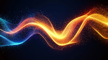 Abstract Vector Style Wave of Blue, Orange, and Yellow Particles on a Dark Blue Background