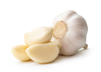 Side view of fresh white garlic bulbs with peeled garlic clove or pieces in stack isolated on white background with clipping path
