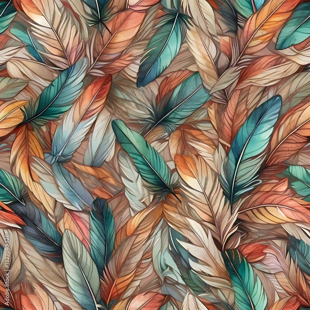 Wall mural a vibrant and intricate pattern of overlapping feathers in various shades of orange teal and brown c