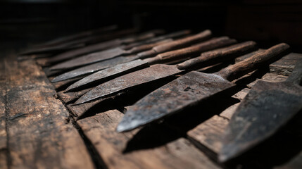 collection of vintage sickles displayed on wooden surface, showcasing their rustic charm and historical significance