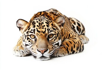 Obraz premium Majestic jaguar resting on white background.
