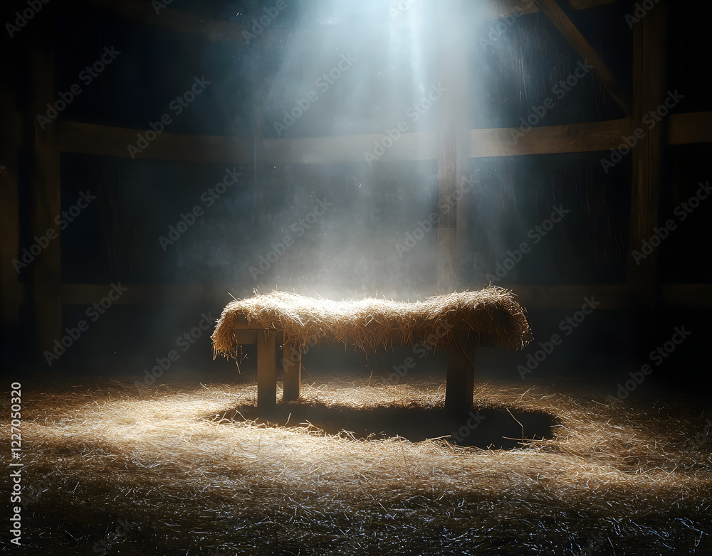 Wall mural fog and empty manger with light falling on it - waiting for the messiah