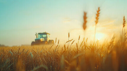 Fototapeta premium tractor working in golden wheat field during sunset creates serene atmosphere