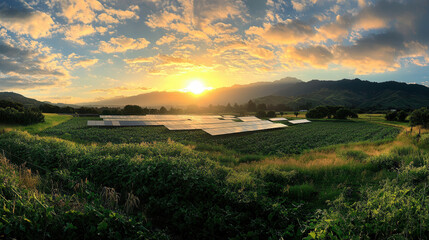 Fototapeta premium stunning sunset over field of solar panels, showcasing renewable energy in nature beauty