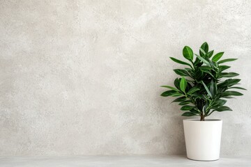 Potted plant against a textured gray wall background.