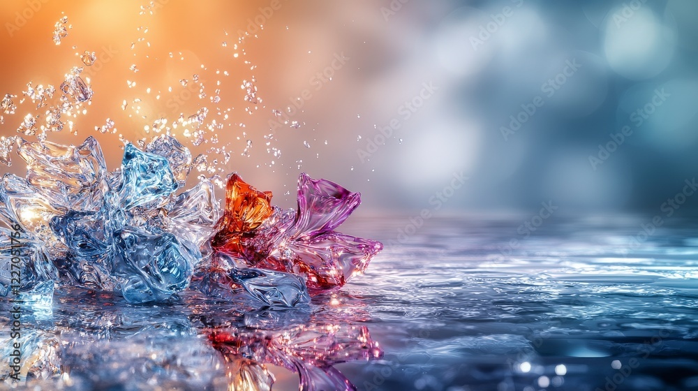 Poster water splashes from colorful ice cubes outdoor setting high-quality photo dynamic atmosphere close-u