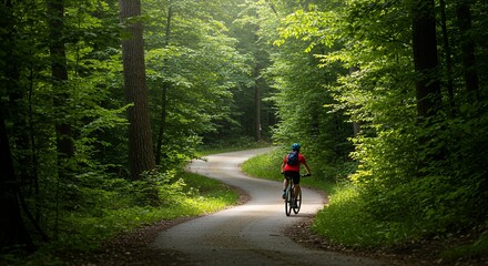 Fototapeta premium Cyclist Riding Scenic Forest Trail on Sunny Day
