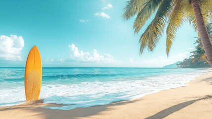 Surfboards against the backdrop of a Hawaiian beach with palm trees and a turquoise ocean.