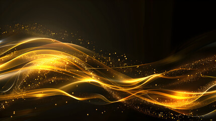 Obraz premium Abstract golden waves with sparkling particles on a dark background.