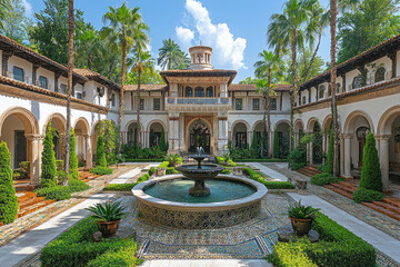 Obraz premium Spanish courtyard with fountain, arches, palm trees. Ideal for architecture, travel