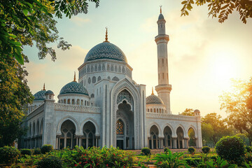 Fototapeta premium Grand mosque at sunrise, serene garden setting, suitable for religious or travel content