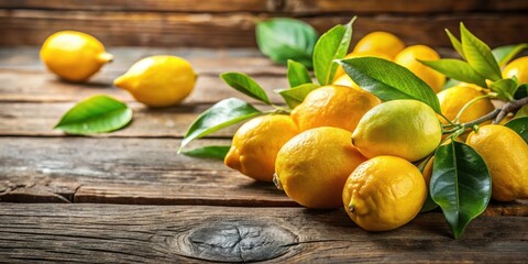 Freshly picked lemons on a rustic wooden table, with a few leaves scattered around , nature, fruit,  nature, fruit