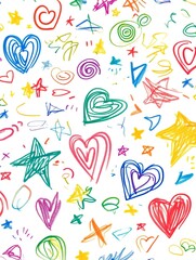 whimsical abstract background featuring scattered, hand-drawn doodles of stars and hearts and spirals in vibrant rainbow colors on white