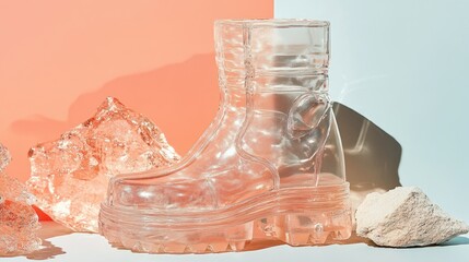 A transparent boot resting against a modern art installation with abstract elements