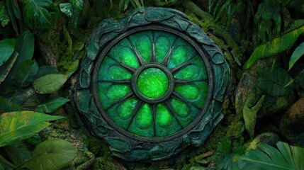 A mystical green glowing stone wheel embedded in lush jungle foliage. Dark stone details contrast with bright green luminescence.  Surrounded by vibrant green leaves and moss, creating a mystical