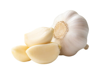 Side view of fresh white garlic bulbs with peeled garlic clove or pieces in stack isolated with clipping path in png file format