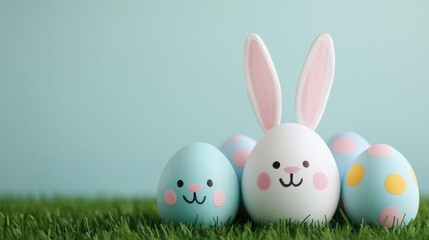Obraz premium Easter day concept. Cute Easter Eggs with Cartoon Bunny Ears and Cheerful Expressions