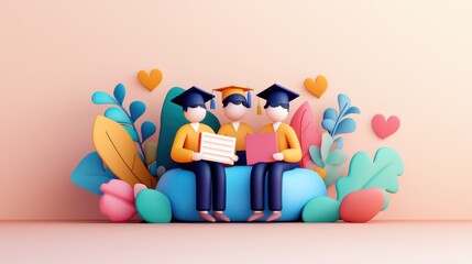 Obraz premium Student memories of graduation ceremony concept. Three graduates celebrating with colorful decorations around them.