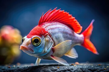 Fototapeta premium Juvenile Red Cap Cichlids: shimmering silver scales, vibrant red heads, aquatic elegance defined.