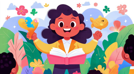 Joyful Girl Reading Book Surrounded by Nature: Colorful Illustration