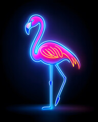 Obraz premium Glowing neon logo with vibrant pink flamingo, isolated on dark background
