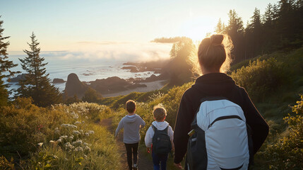 Family hiking along a coastal path during sunset by the ocean with lush greenery in the foreground
