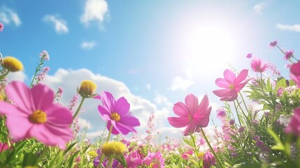 A vibrant meadow of pink and yellow flowers under a bright sky with fluffy clouds