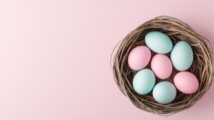 Easter day concept. Pastel Easter Eggs in a Watercolor Inspired Nest Design with Minimal Backdrop